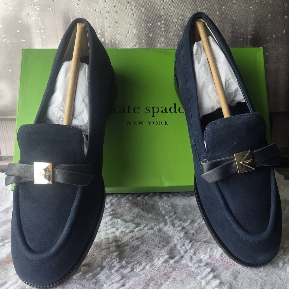 Kate Spade Navy Loafers Suede Deco Bow. Womens 6. New In Box
